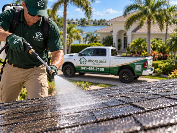 A Roofs Only Florida roofer spraying rejuvenation treatment on asphalt shingles