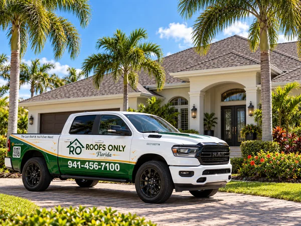 A clean shingle roof with a Roofs Only Florida truck in the driveway